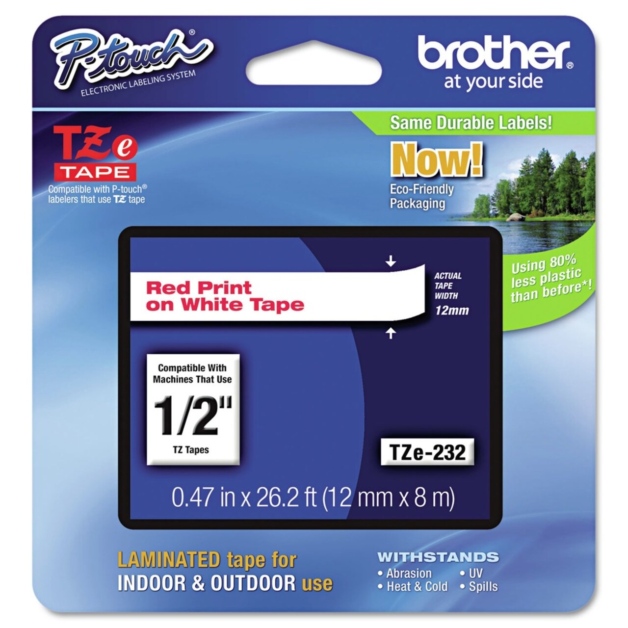 Brother P-Touch 0.47 in. x 26.2 ft. TZe Standard Adhesive Laminated Labeling Tape - Red on White